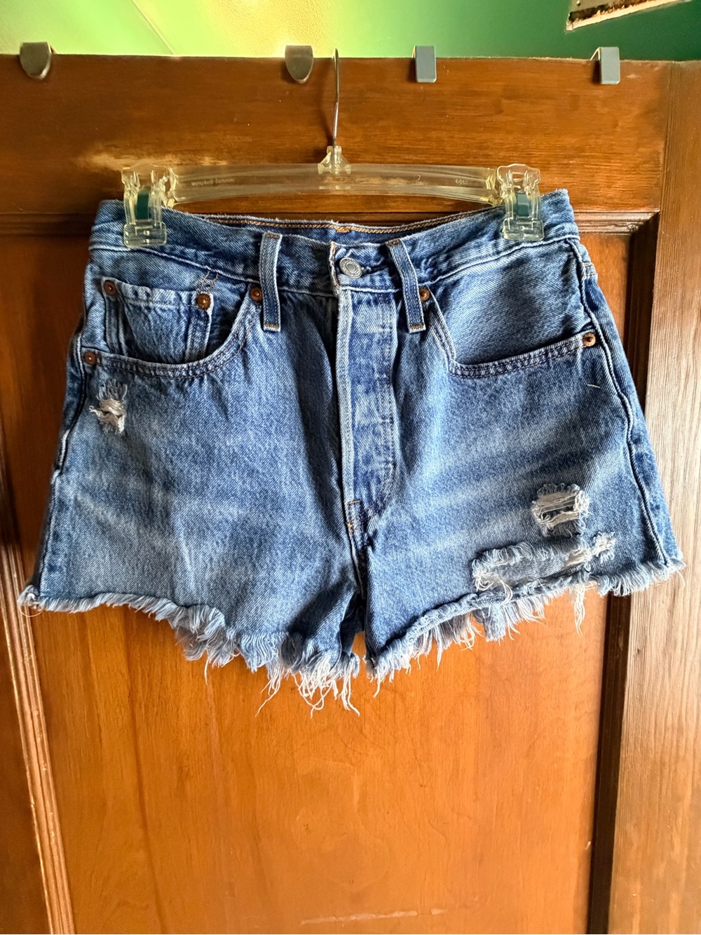 High-Rise Distressed Jean Shorts in Medium Blue